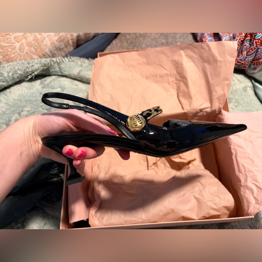 Miu Miu Black Patent Leather Pointed Slingback Heels with Gold Button Accent